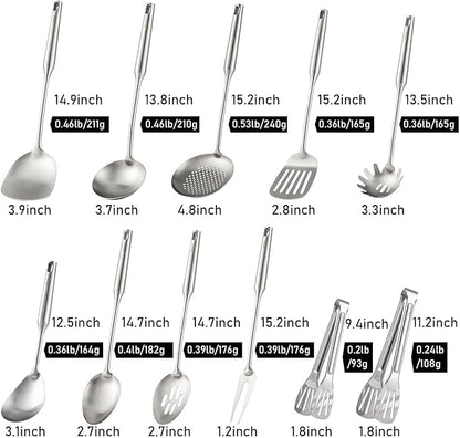 18/10 Stainless Steel Kitchen Utensils Set - 15” All Metal Cooking Tools, 11PCS - 2 Tongs, Fork, Solid Spoon, Slotted Spoon, Spatula, Soup Ladle, Skimmer, Slotted Spatula, Spaghetti Spoon, Large Spoon