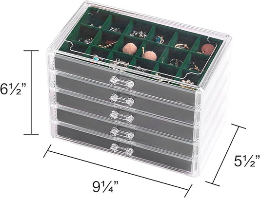 Frebeauty Acrylic Jewelry Organizer Earring Organizer Box with 5 Drawers Earring Holder Organizer with Velvet Trays Clear Jewelry Box for Women Earring Display for Rings Studs(Blackish Green)