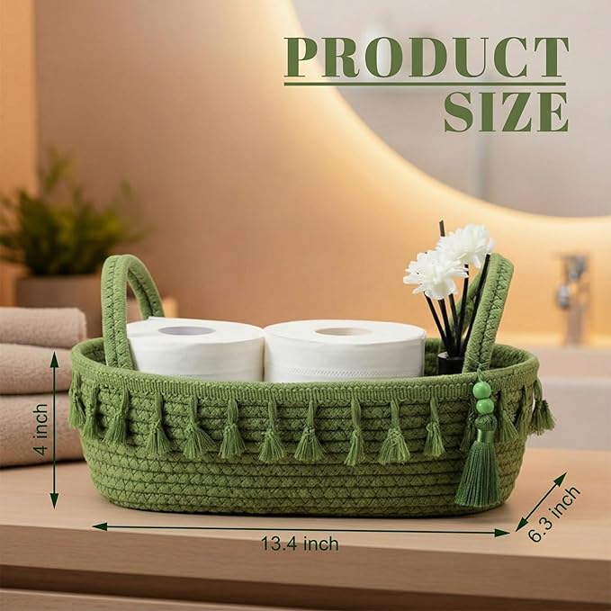 Green Toilet Paper Basket Decorative Boho Cotton Rope Storage Basket Gift Empty Woven Bins with Handle Tassel for Toilet Tank Bathroom Accessories Organizer Decor Countertop Shelf Holder