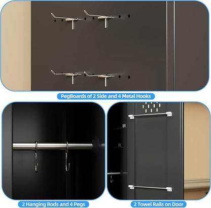 72" H Broom Closet Storage Cabinet, Metal Garage Storage Cabinet with Wheels, Pegboard, Locking Door and Hooks for Garage, Home, Utility Cleaning Cabinet for Broom and Mops, Black