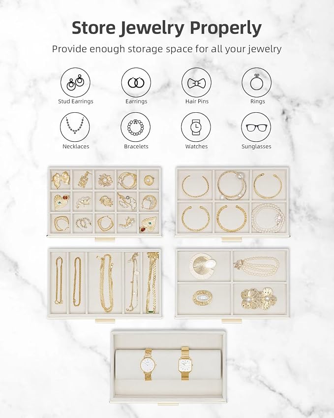 VLANDO 6 Layer Large Jewelry Box - Jewelry Holder Organizer, Jewelry Box Organizer for Drawer Necklace Ring Bracelet and Watch, Birthday Gift for Loved Ones - Beige