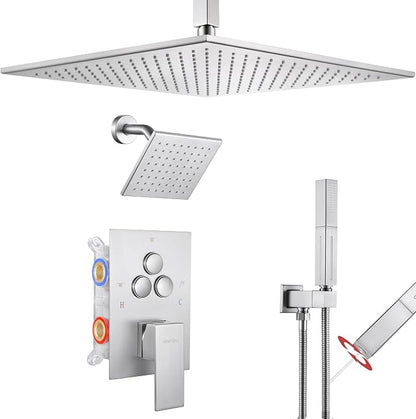 VANFOXLE Shower Faucet Set Brushed Nickel Shower System, Push Button Diverter Shower Faucet with Trim Kit, Ceiling Mount 16 Inch Shower Head Increased Thick, 6 Inch Side Shower Head, 2-in-1 Handheld