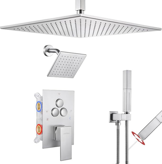 VANFOXLE Shower Faucet Set Brushed Nickel Shower System, Push Button Diverter Shower Faucet with Trim Kit, Ceiling Mount 16 Inch Shower Head Increased Thick, 6 Inch Side Shower Head, 2-in-1 Handheld