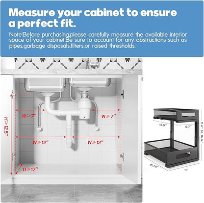 2-Pack Under Sink Storage Organizer, Large 2-Tier Elegant Mesh Pull Out Shelf for Kitchen and Bathroom Cabinet Organization, L-Shaped and Adjustable Height Design,Patent Pending-Black