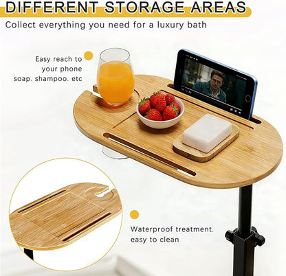 3-Tier Freestanding Bathtub Tray Table, Adjustable Bamboo Bath Caddy with Swivel Design, Standing Bath Shelf for Home Spa, Natural