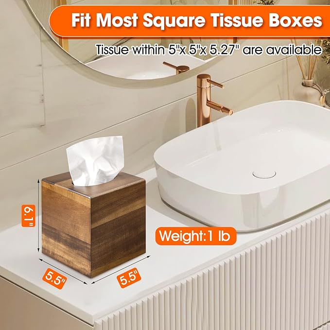 6 Pack Wooden Tissue Box Cover Bulk Square - Acacia Wood Tissue Box Holder for Tabletop Stands Bathroom Office- Decorative Facial Wood Tissue Box Cover for Modern Farmhouse Decor-Standard Walnut Color