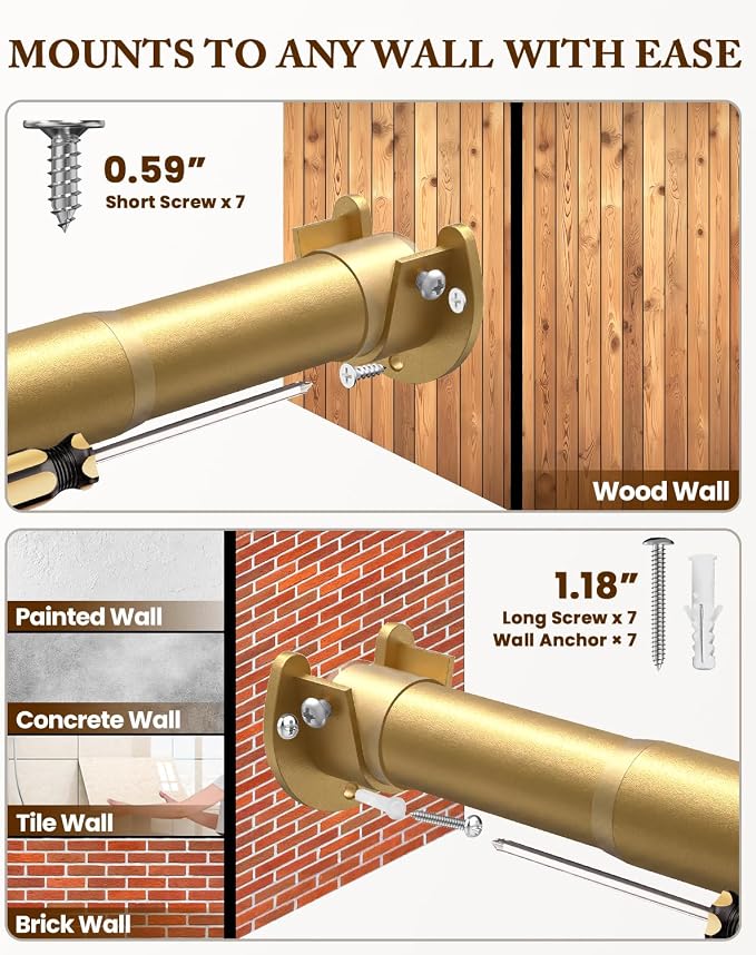 Heavy Duty Closet Rod, 17-28 IN Closet Rods for Hanging Clothes, Gold | Stepless Adjustable, Supports up to 66 lbs, Multiple Size Options, Easy Installation, Multi Purpose , Wall-Mounted
