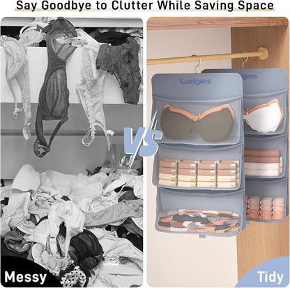 Lumigens Hanging Sock & Underwear Organizer, Hanging Closet Organizer with Pockets, Bra Hanger for Closet Organizer with 360° Rotating Hook, Space Saving Hanging Storage for Wall, Bedroom, RV
