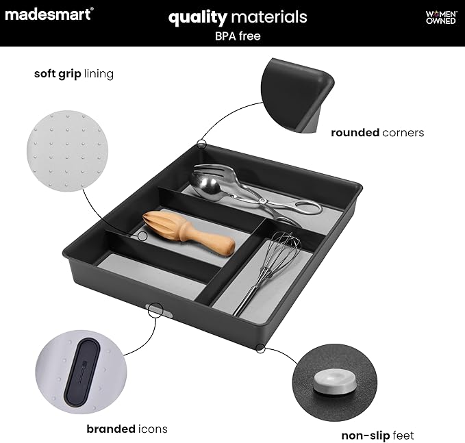 madesmart 4 Compartment Drawer Organizer, Multi Purpose Storage for Utensils, Office Tools, Cords, & Small Household Items, Tech Accessories, Arts & Crafts Supplies, Non Slip Lining, Granite