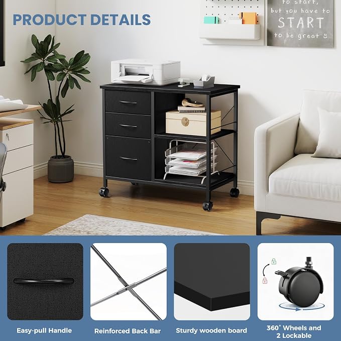 DUMOS 3-Tier Mobile File Cabinet, Printer Stand with Storage, Office Table with Drawers and Back Support Bar, Holds 110lb for Home Office, Rustic Black