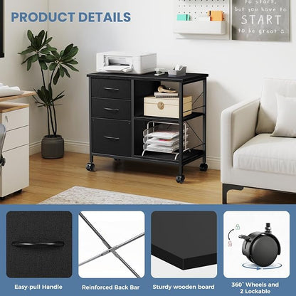 DUMOS 3-Tier Mobile File Cabinet, Printer Stand with Storage, Office Table with Drawers and Back Support Bar, Holds 110lb for Home Office, Rustic Black