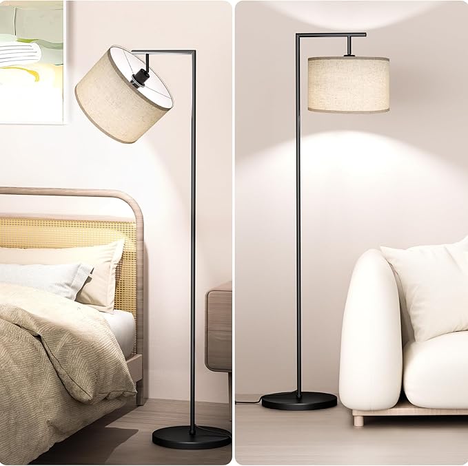Floor Lamp for Living Room with 3 Color Temperatures Standing Lamp with Adjustable Beige Linen Lampshade Tall Lamps for Bedroom Office Classroom Dorm Room, 9W LED Bulb Included, Black