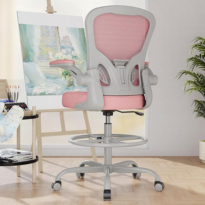 Ergonomic Drafting Chair, Tall Office Chair with Flip-up Armrests, Breathable Mesh High Desk Chair with Lumbar Support Adjustable Footrest Ring for Standing Desk Pink