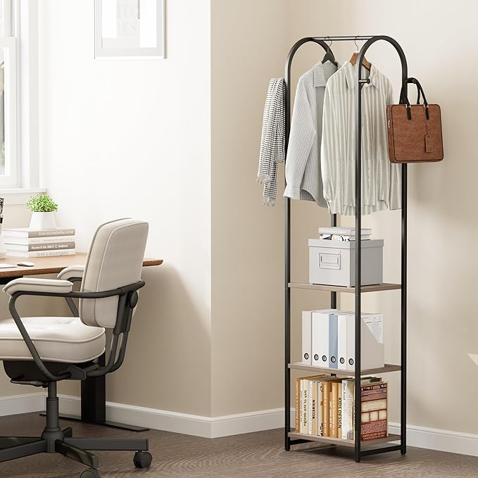 Garment Rack, Coat Rack With 3 Shelves and 4 Hooks, 71" H Clothes Stand For Hanging Clothes, Hanging Rod For for Bedroom, Hallway, Entryway, Office, Living Room, Greige and Black