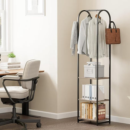 Garment Rack, Coat Rack With 3 Shelves and 4 Hooks, 71" H Clothes Stand For Hanging Clothes, Hanging Rod For for Bedroom, Hallway, Entryway, Office, Living Room, Greige and Black