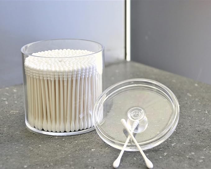 20-Ounce Qtip Holder Storage Canister Set of 2, Clear Plastic Apothecary Jar with Lid, Bathroom Makeup Organizer for Cotton Ball, Cotton Swab, Pads, Powder Puffs (2)