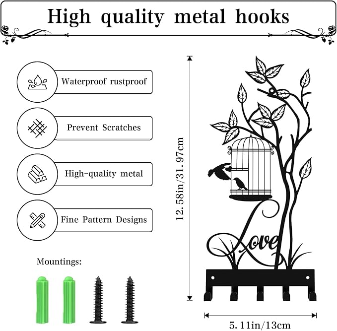 Key Holder for Wall, Metal Key Holder Hooks Organizer Rack, Key Organizer Wall Decorative with 5 Hooks for Entryway, Front Door, Hallway, Bedroom, Office (12 Inches, Birdcage)