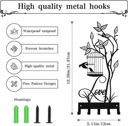 Key Holder for Wall, Metal Key Holder Hooks Organizer Rack, Key Organizer Wall Decorative with 5 Hooks for Entryway, Front Door, Hallway, Bedroom, Office (12 Inches, Birdcage)