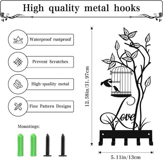 Key Holder for Wall, Metal Key Holder Hooks Organizer Rack, Key Organizer Wall Decorative with 5 Hooks for Entryway, Front Door, Hallway, Bedroom, Office (12 Inches, Birdcage)
