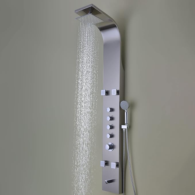 ANZZI Shower Head Panel Tower, Echo Brushed Steel Stainless Steel Metal, 4 Turbo Jetted & Multi Functional, High Pressure Jet + Rainfall + Handheld Wand Attachment Combo, Wall Mount (SP-AZ022)