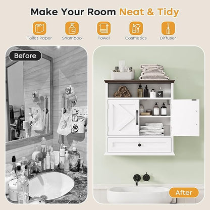 Bathroom Wall Cabinet, Wall Mounted Medicine Cabinet with Drawer, Barn Doors & Adjustable Shelf, 24.4"H x 23.6"W x 9"D White Over Toilet Farmhouse Storage Cabinet for Kitchen, Laundry Room, Entryway