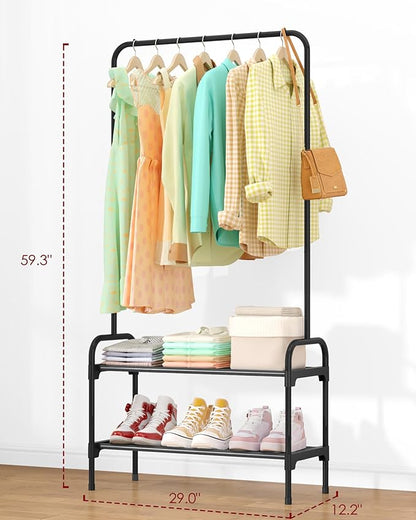 Clothes Rack - Clothing Rack with 2-Tier Shoe Rack and Anti-Slip Stopper, Shoe Organizer for Entryway, Bedroom, or Laundry, Black, 29" × 12.2" × 59.3"