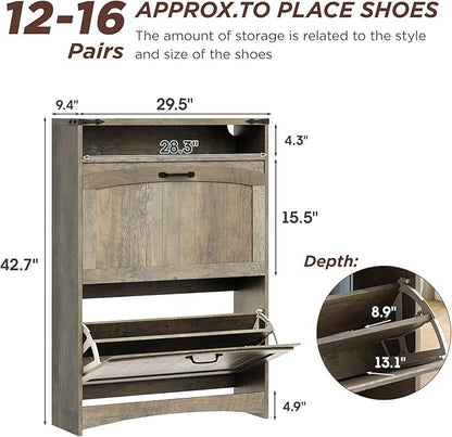 Rustic Gray Shoe Storage Cabinet, Slim Hidden Shoe Rack Organizer Cabinet, with 2 Flip Drawers & Open Storage & RGB Lights, for Entryway, Front Door Entrance, Hallway