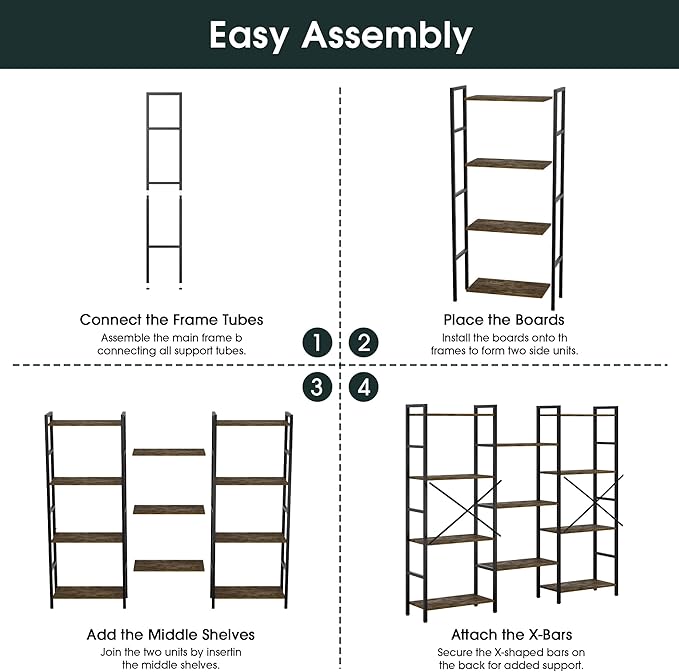 GRUSIGN Triple 4 Tier Book Shelf, Modern Bookcase Shelf, Freestanding Large Display Shelves for Living Room/Office/Garage, Stable Large Bookshelf with Storage for Books/Lego/Plants, Rustic Brown