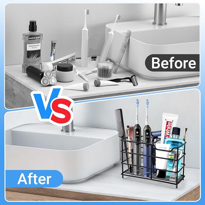 Toothbrush Holders for Bathrooms, Stainless Steel Toothbrush Holder for Kids and Adults, Electric Toothbrush and Toothpaste Holder, Rustproof Bathroom Accessories Organizer, Black Large
