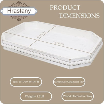 Hrastany Whitewashed Wood Serving Tray with Beads, Farmhouse Decorative Tray for Table Centerpiece, Christmas Wedding Halloween Home Decor