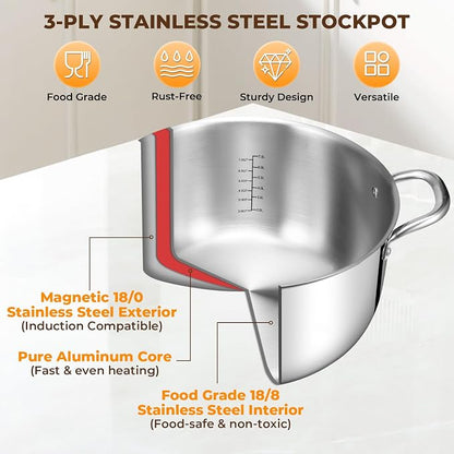 Tri-Ply Stainless Steel Stock Pot, 20 Quart Heavy Duty Induction Cooking Pot with Visible Lid for Pasta, Soup, Spaghetti, Sturdy & Double Handle, Dishwasher Safe