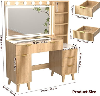 43" Fluted Makeup Vanity Desk with 32" Mirror and Lights, Modern Glass Top Large Vanity Table with 5 Drawers and 2 Storage Cabinets, Dressing Table Set with Charging Station for Bedroom-Gray