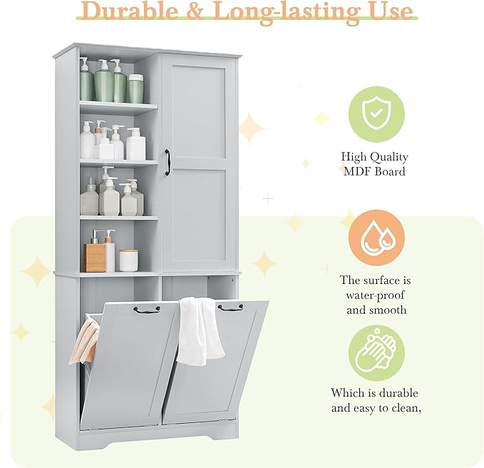 Merax Cabinet with Tilt-Out Laundry Hamper Basket, Tall Bathroom Storage Organizer Linen with Open Shelf for Home, Freestanding, Gray