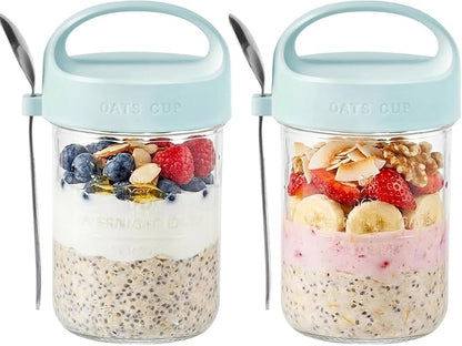 2Pack Overnight Oats Containers with Lids and Handle,14 oz Airtight Oatmeal Container,Mason Jars with Lid for Cereal,Milk,Fruit,Yogurt,On The Go Container,Salad Jars,Glass Jars (Blue)