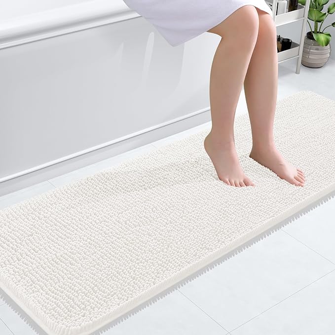 OLANLY Bathroom Runner Rugs 59x20, Extra Soft Absorbent Chenille Bath Rugs, Rubber Backing Quick Dry, Machine Washable Long Bath Mats for Bathroom Floor, Tub and Shower, Home Decor Accessories, Ivory