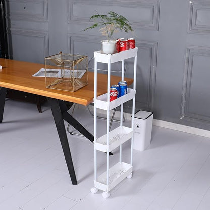Sooyee 4 Tier Slim Storage Cart Mobile Shelving Unit Organizer Slide Out Storage Rolling Utility Cart Tower Rack for Kitchen Bathroom Laundry Narrow Places, Plastic & Stainless Steel, White