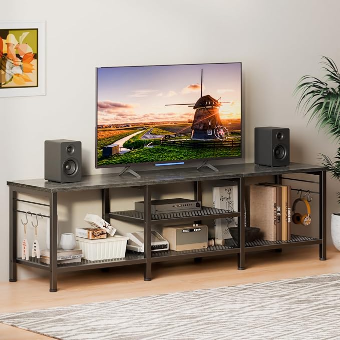 Furologee TV Stand for TVs up to 70 Inch, 63 Inch Entertainment Center with Open Storage Shelves, Television Stands with Soundbar Shelf for Living Room, Bedroom, Black Oak