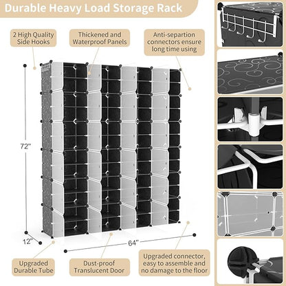 Portable Shoe Rack Organizer with Door, 96 Pairs Shoe Storage Cabinet Easy Assembly, Plastic Adjustable Shoe Storage Organizer Stackable Detachable Free Standing DIY Expandable 12 Tier Black
