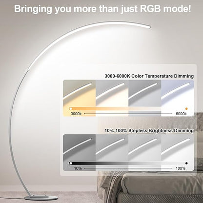 RGB Floor Lamp with 3 Color Temperatures, Ultra Bright 1800LM Smart Arc LED Floor Lamp with Remote Control, Music Sync, Scene Modes, Modern Standing Tall Lamp for Bedroom Living Room-Brushed Nickel