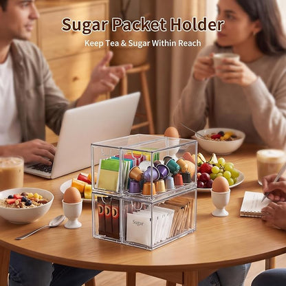 6 Pack Tea Bag Organizers, Clear Tea Packet Storage Bins for Pantry Countertop, Tea Station, Kitchen Cabinet, Stackable Teabag Holder Acrylic Drawer Organizer for Coffee Pods, Spice & Sugar Packets