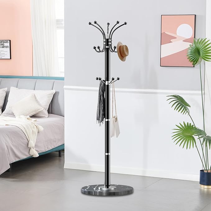 Metal Coat Rack Stand with Natural Marble Base, Modern Coat Rack Freestanding, 360°Rotary Coat Racks with 14 Hooks, Heavy Duty Coat Hall Tree Hanger Stand for Entryway, Office