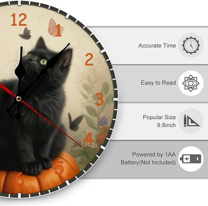 Wall Clock， Novelty Non Ticking Wall Clocks Battery Operated， Orange Wooden Wall Clocks for Kitchen， Living Room， Bedroom， Office， Bathroom Decorative. Featuring Black Cat And Pumpkin， Halloween Theme