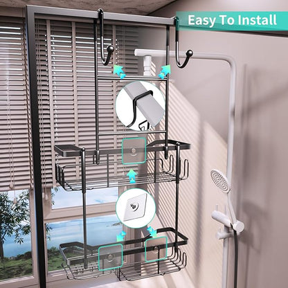 HapiRm Hanging Shower Caddy Over the Door with Soap Holder, No Drilling Adhesive Shower Organizer with 11 Hooks, Rustproof & Waterproof 304 Stainless Steel Bathroom Shelves - Black