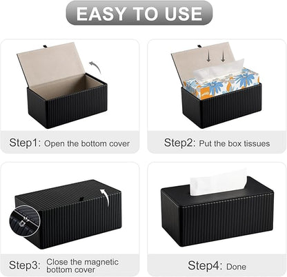KINGFOM PU Leather Tissue Box Cover Rectangular Tissue Box Holder with Magnetic Bottom, Napkin & Facial Tissue Holder Dispenser for Home, Office (Decorative Pattern-PU Leather, Black Stripe)