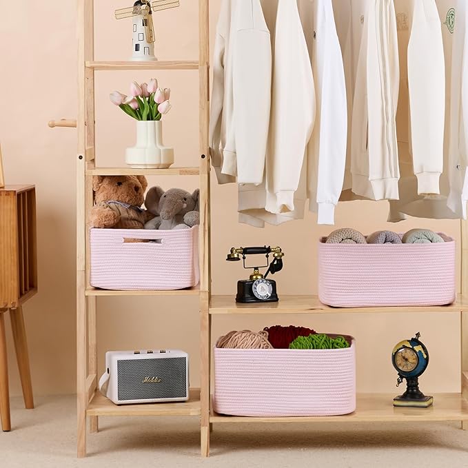 MiniArk Large Storage Baskets for Shelves, Closet Organizers Bins for Clothes Blanket Towels, Baby Nursery, Toy Baskets Box, Woven Rope Baskets, 17 x 13 x 7.5”, 3 Packs Light Pink