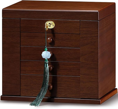 Lockable Wooden Jewelry Box for Women - 8-Layer Dresser Top Jewelry Boxes and Organizer with Key,Large Storage for Necklaces,Solid Wood Jewelry Organizers with Necklace Hooks