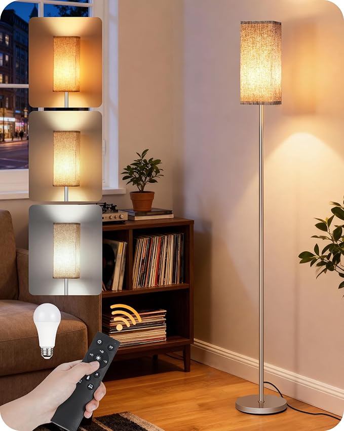 64.2” Dimmable Floor Lamp for Living Room with Remote and Foot Switch, Corner Floor Lamp for Bedroom, Includes 10W A19 Bulb, Modern Standing Tall Lamp, ETL Listed Silver and Beige SE17LD05