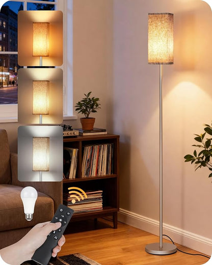 64.2” Dimmable Floor Lamp for Living Room with Remote and Foot Switch, Corner Floor Lamp for Bedroom, Includes 10W A19 Bulb, Modern Standing Tall Lamp, ETL Listed Silver and Beige SE17LD05