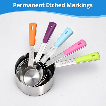 Measuring Cups and Spoons Set Stainless Steel 10 Piece for Cooking and Baking (5 Cups + 5 Spoons, Colorful Handles)
