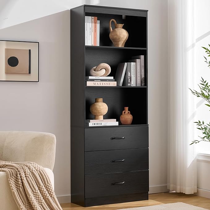 Tall Bookshelf with 3 Open Shelves and 3 Drawers, Wooden Bookcase with Storage Cabinet for Living Room, Bedroom, Home Office, Black